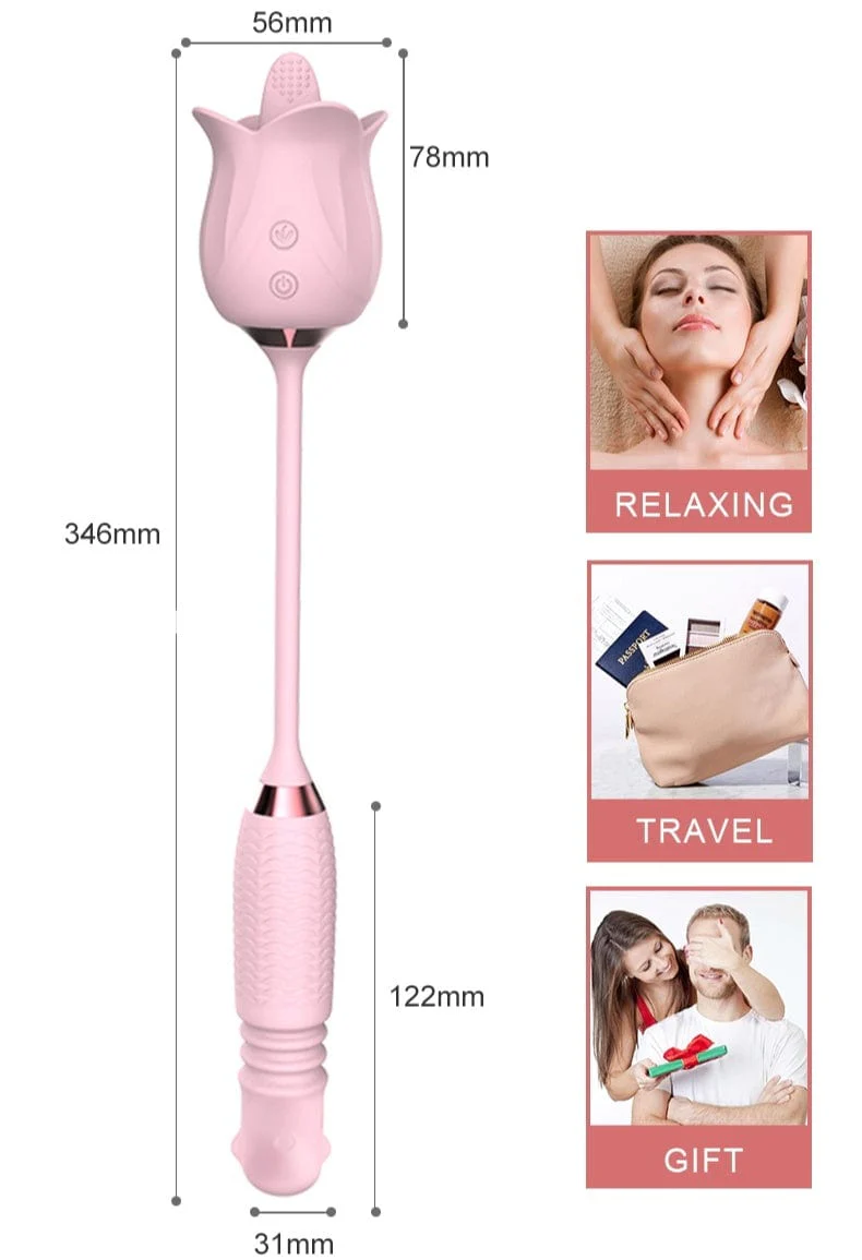 3-in-1 Blooming Sexy Pink Rose Toy Rotating Pearls Telescopic Tongue-licking Vibrator - Image 5