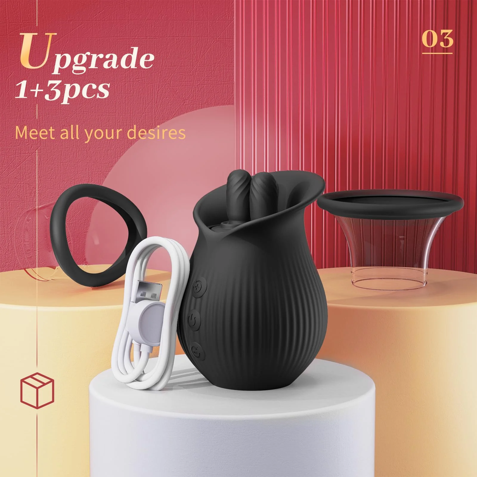 Rose Romeo - 3in1 Rose Sex Toy with 2 Suction Cups Adult Toys Female Clitoral Nipple Vibrators with 10 Licking Sucking Vibrating - Image 11