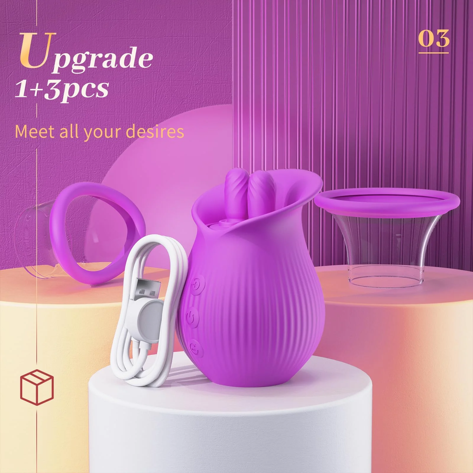 Rose Romeo - 3in1 Rose Sex Toy with 2 Suction Cups Adult Toys Female Clitoral Nipple Vibrators with 10 Licking Sucking Vibrating - Image 19