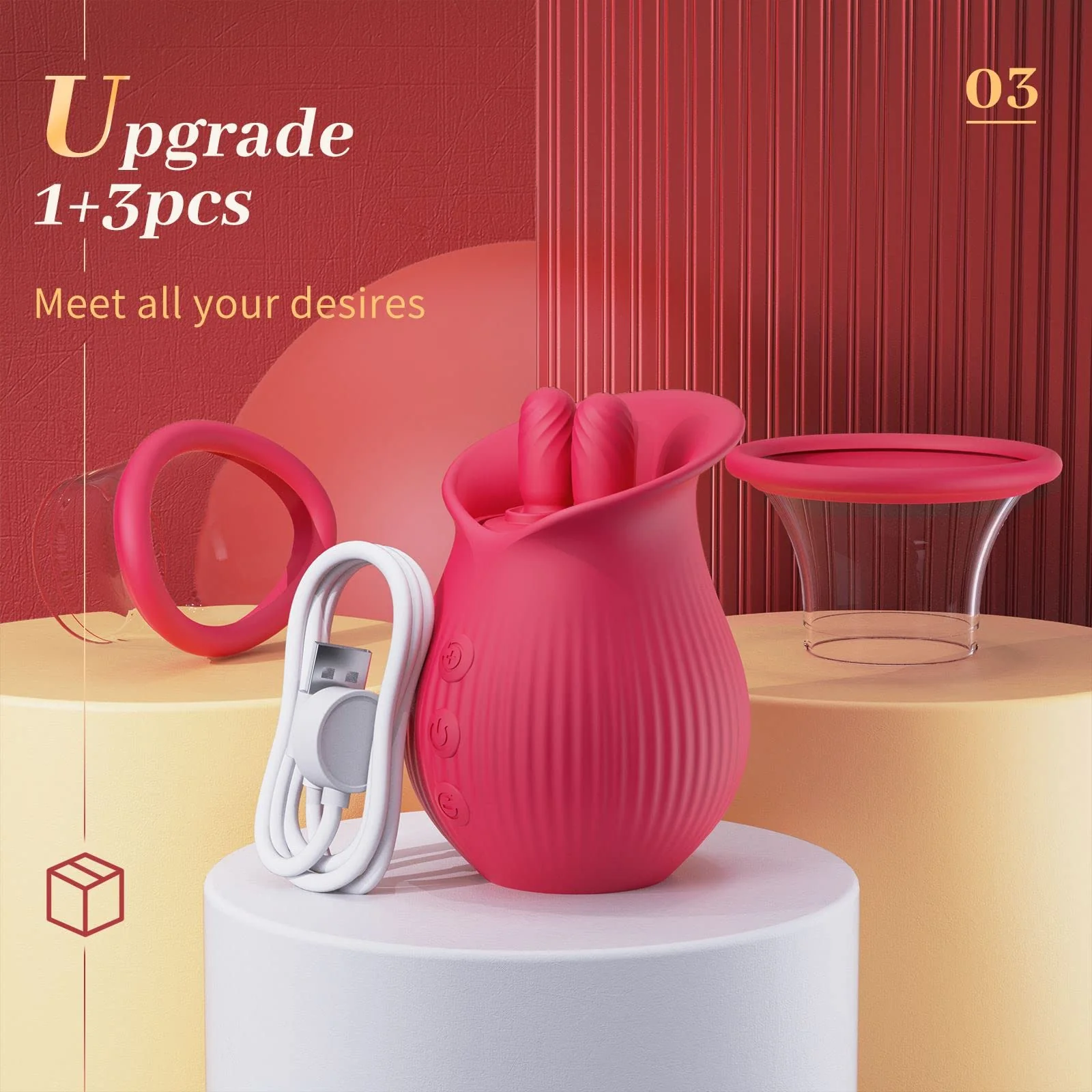 Rose Romeo - 3in1 Rose Sex Toy with 2 Suction Cups Adult Toys Female Clitoral Nipple Vibrators with 10 Licking Sucking Vibrating - Image 4